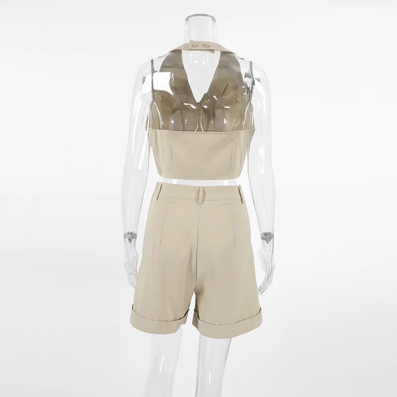 Maxy Spring Summer Women Office Shorts Suit Set Solid Khaki Sleeveless Halter Outfit 2 Piece Matching Sets For Women