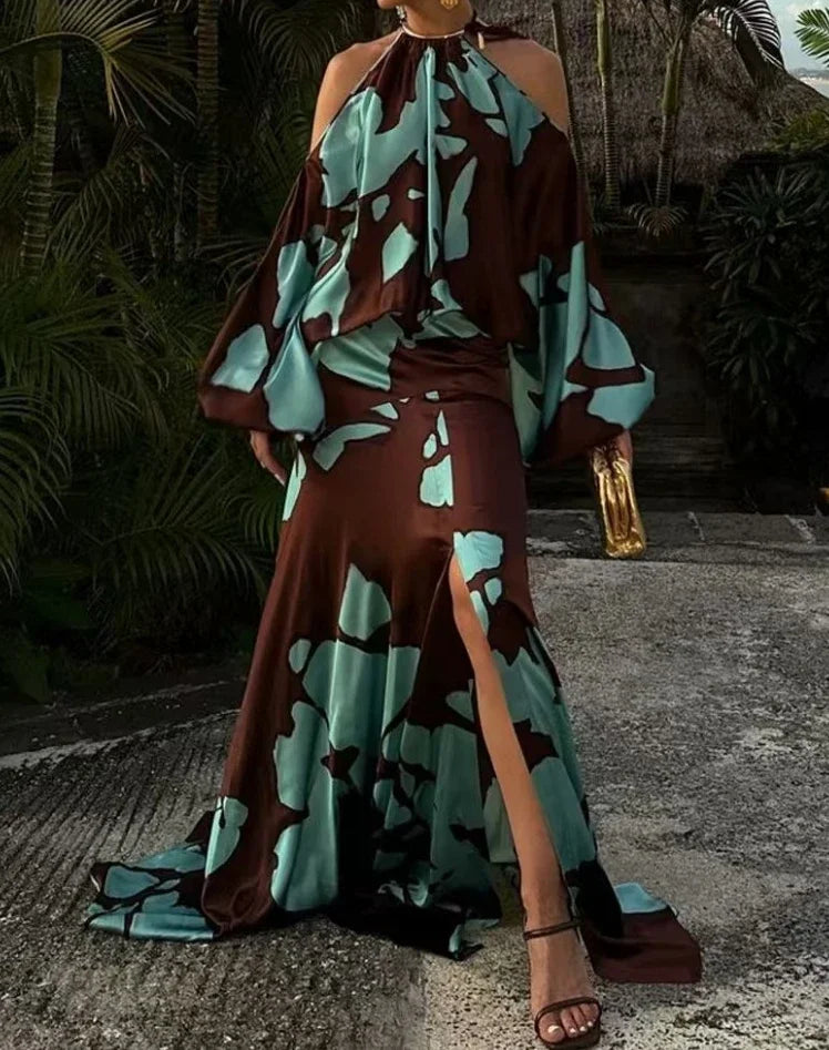 Maxy Evening Dresses Vacation Style Elegant Socialite Printed Off Shoulder Slit Dress