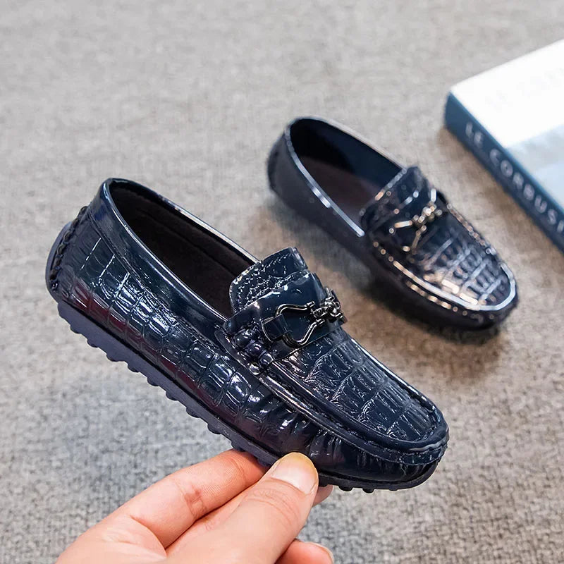 Visco Boys Leather Shoes Round-toe Flat Soft Kids Fashion Casual Loafers Glossy Metal Buckle Children Moccasins Non-slip Britain Style