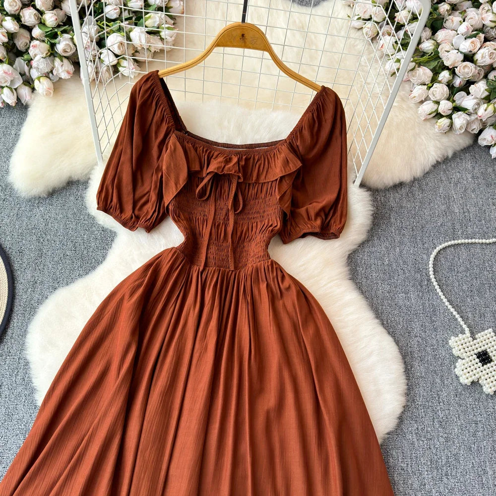 Babs Chic Elegant Square Collar Macy Dress Women Solid Short Puff Sleeve Dresses 2024 Korean Fashion Vintage Ruffle Vestidos