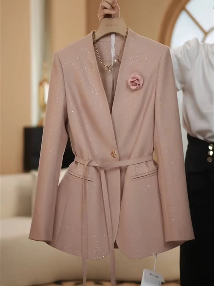 Maxy Spring new fashionable suit set feminine temperament professional commute sequined suit wide leg pants