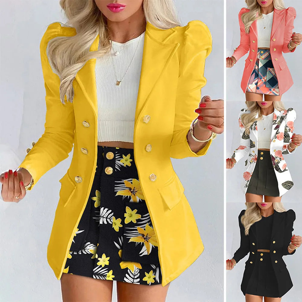 Spring Autumn New Printed Suit Set Short Skirt Women's Temperament Slim Tops Coat + Half Mini Skirt Female Office Suit Sets Kirt