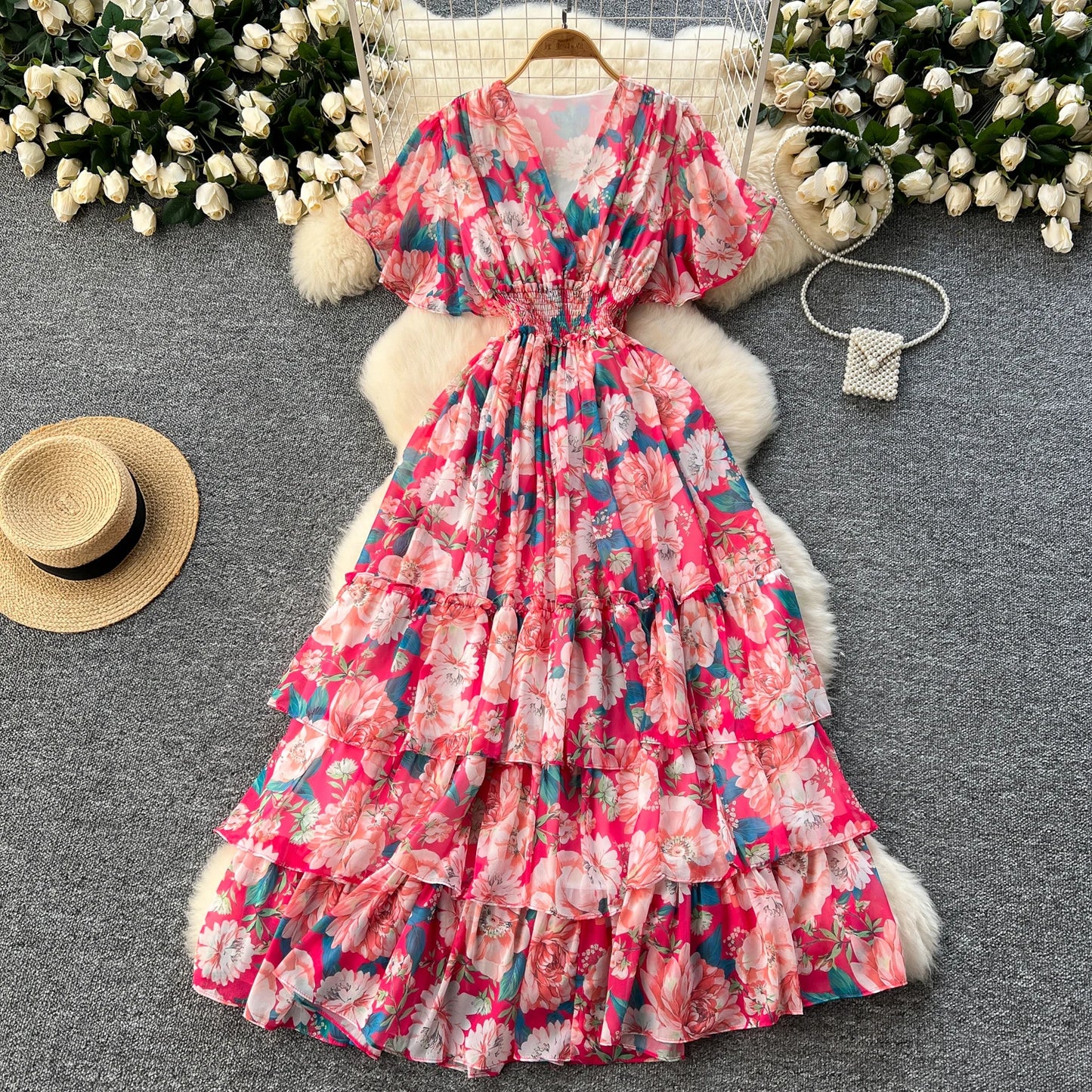 Maxy v neck Butterfly sleeve print elegant summer Dress A-line Flare Sleeve Vacation print Women dresses