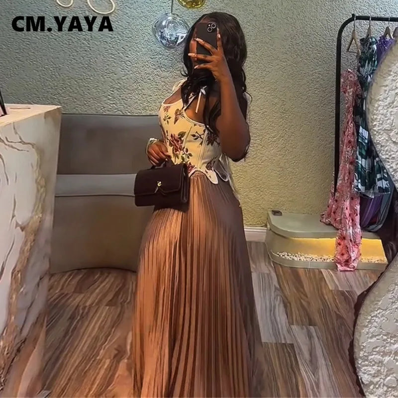 Maxy CM.YAYA Women's Set Floral Print Waist-cinching Vest +Pleated Long Skirts Suit 2025 Party Evening Street Two 2 Piece Set Outfit