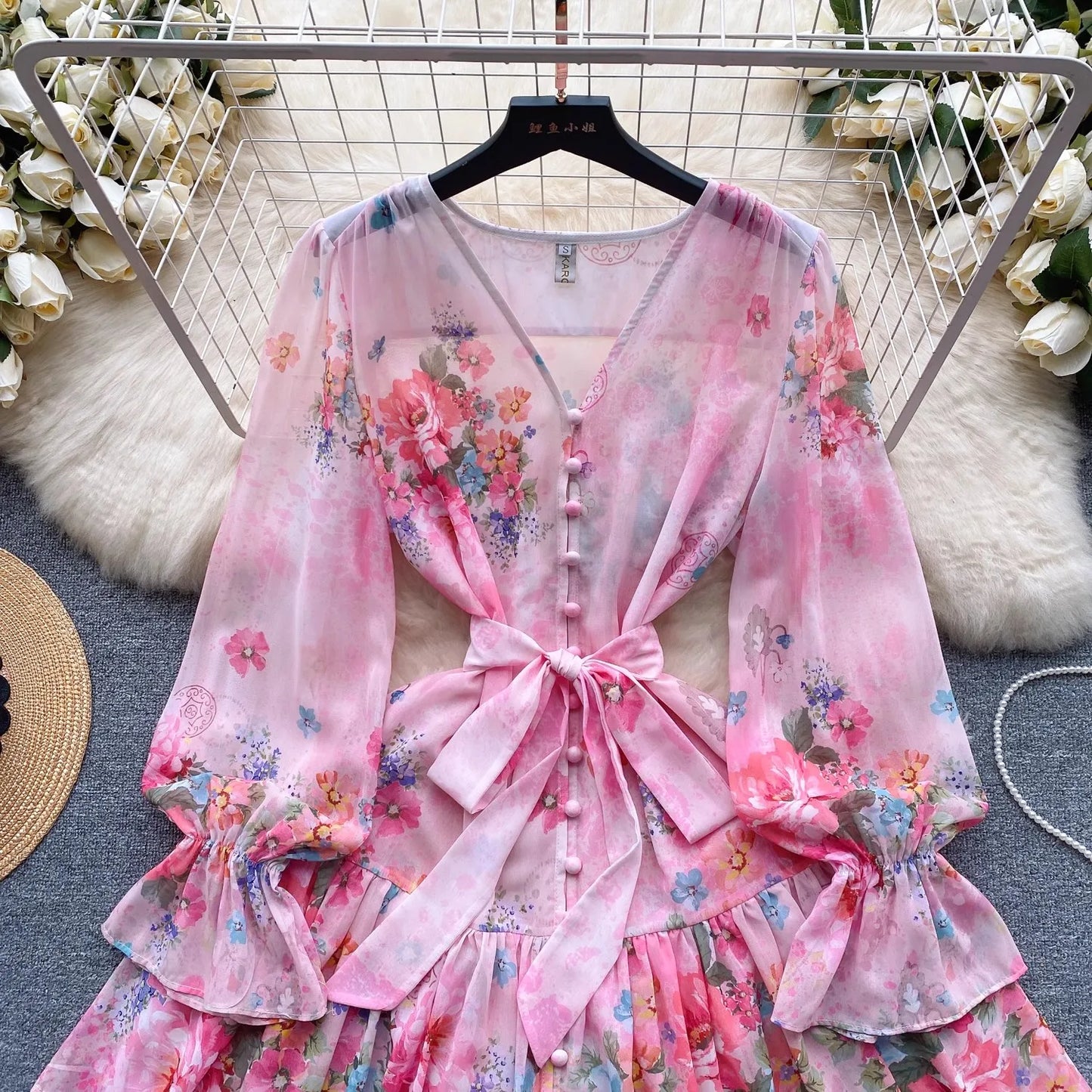 Maxy Spring Summer Gorgeous Flower Gracy Dress Women's V Neck Long Petal Sleeve Buttons Floral Print Lace Up Belt Mini dress