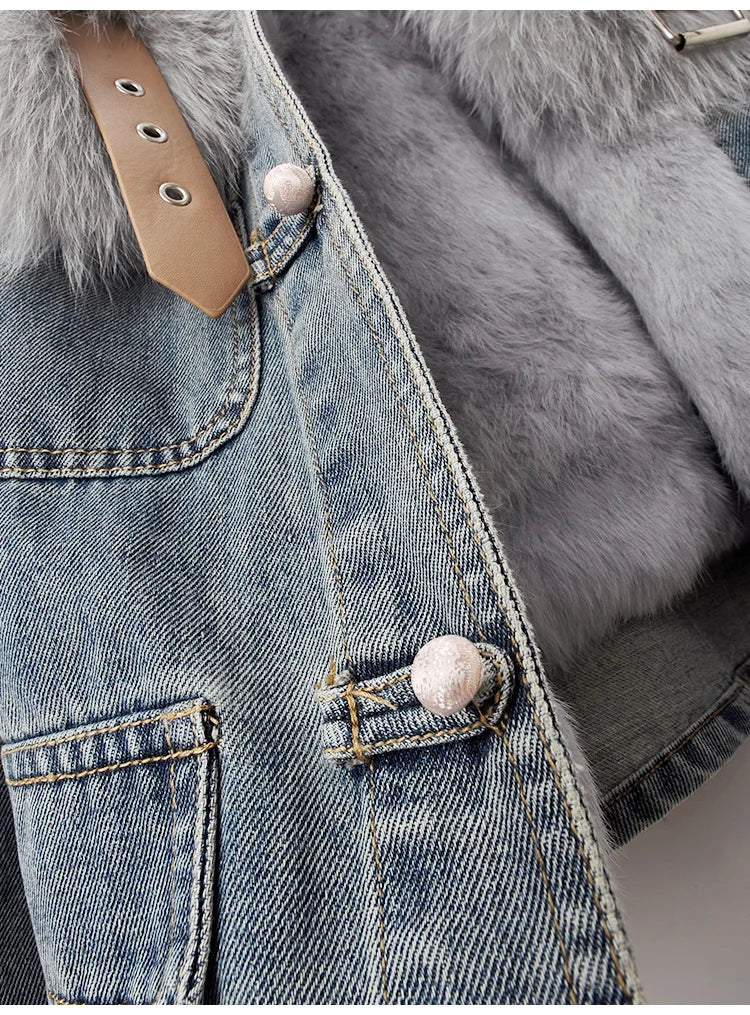 Maxy Natural Fox Fur Collar Rabbit Hair Liner Denim Jacket Women Cowboy Outwear Winter Thick Vintage Slim Short Jeans Jacket Female