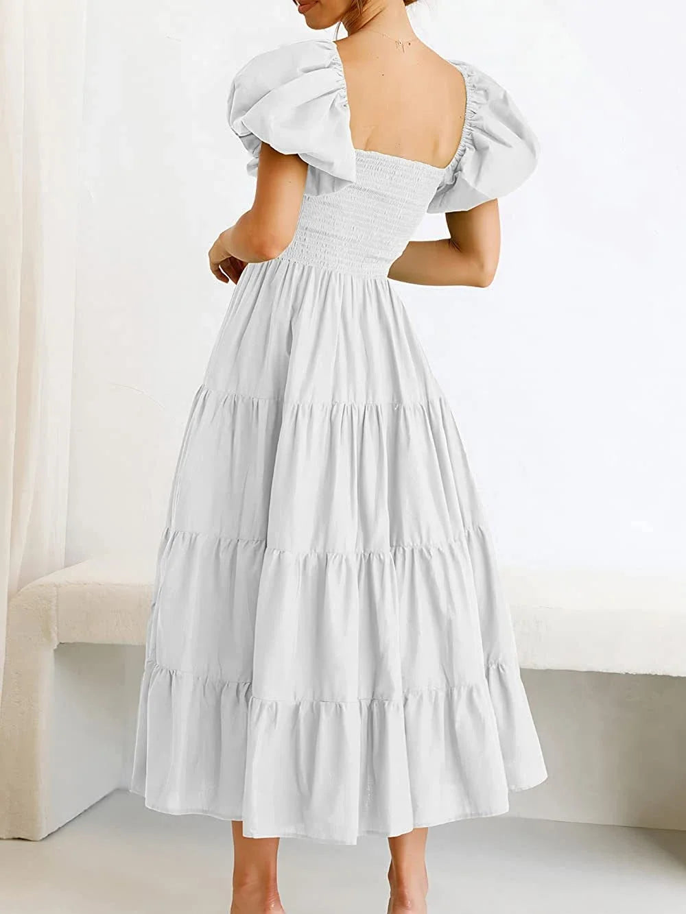 Maxy Dress Women Clothing Ruffles Ruched A-Line Frock Square Neck Short Sleeve Dress Vacation Streetwear Outfits Summer