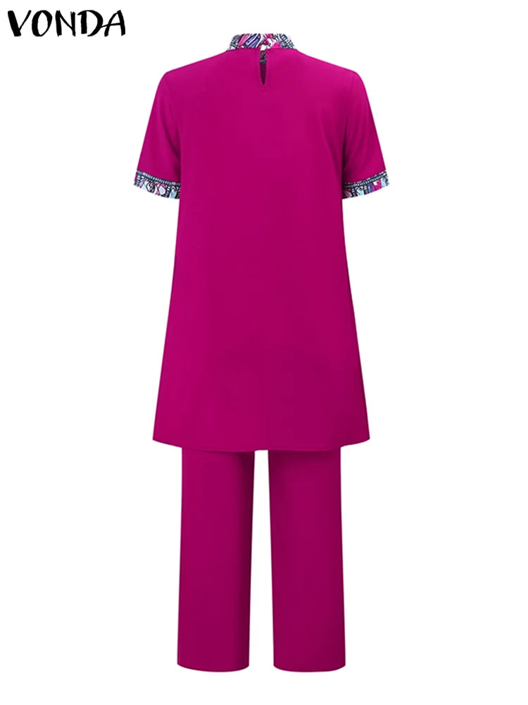 Maxy Women Office Pant Sets Summer Printed Suits Vintage Stand Collar Short Sleeve Tops and Long Pants Casual Loose Sets