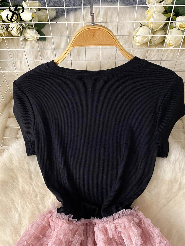 Maxy Fairycore Fashion Newest Chic Dresses Women O-Neck Short Sleeve Mesh Splice Design Vacation Summer Cake Long Dress