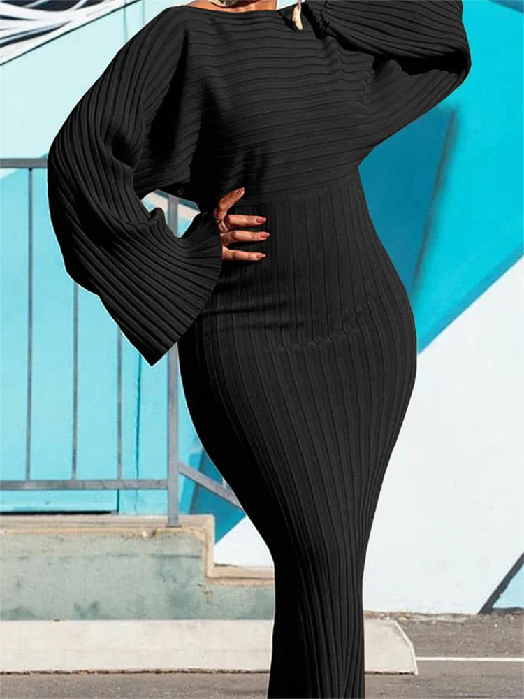 Maxy Women Dress Sexy Slim Fit O-Neck Long Sleeve Cocktail Party Elegant Ribbed Solid Color Hip Wrap Knitted Long Dresses Gown