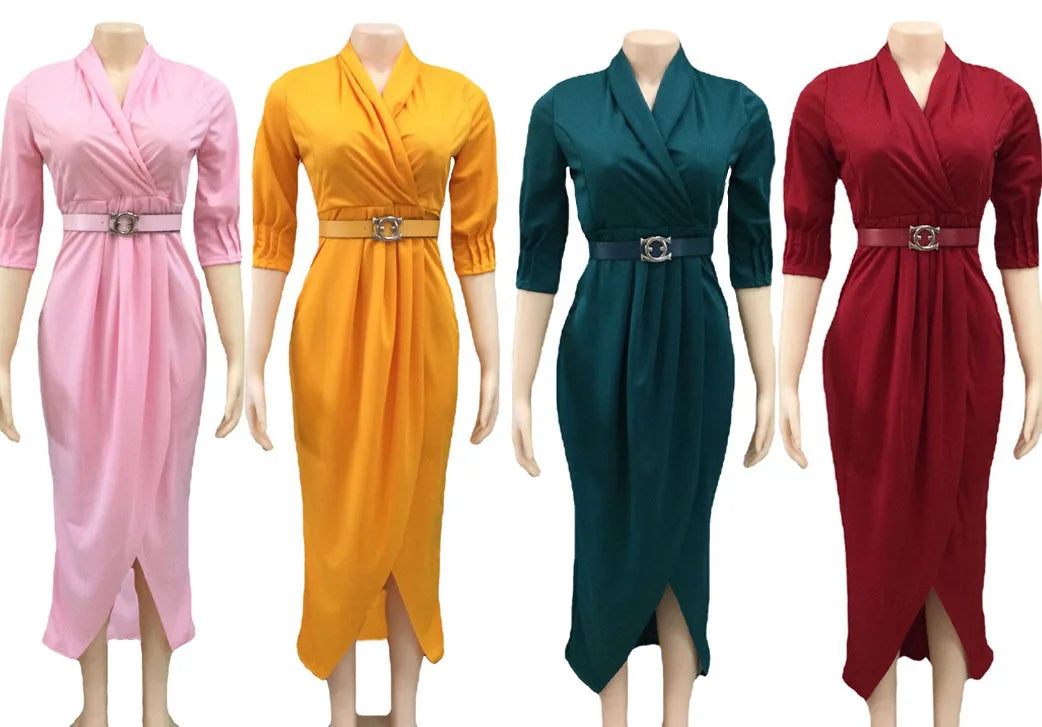 Maxy Elegant Office Ladies Dresses Women Fall Clothes Plus Size Long Sleeve Slim 3XL Dresses With Belt