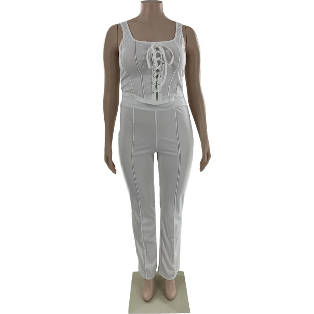 Maxy Plus Size Women Clothing 2 Piece Outfits Summer Bandage Top Flared Pants Fashion Matching Sets