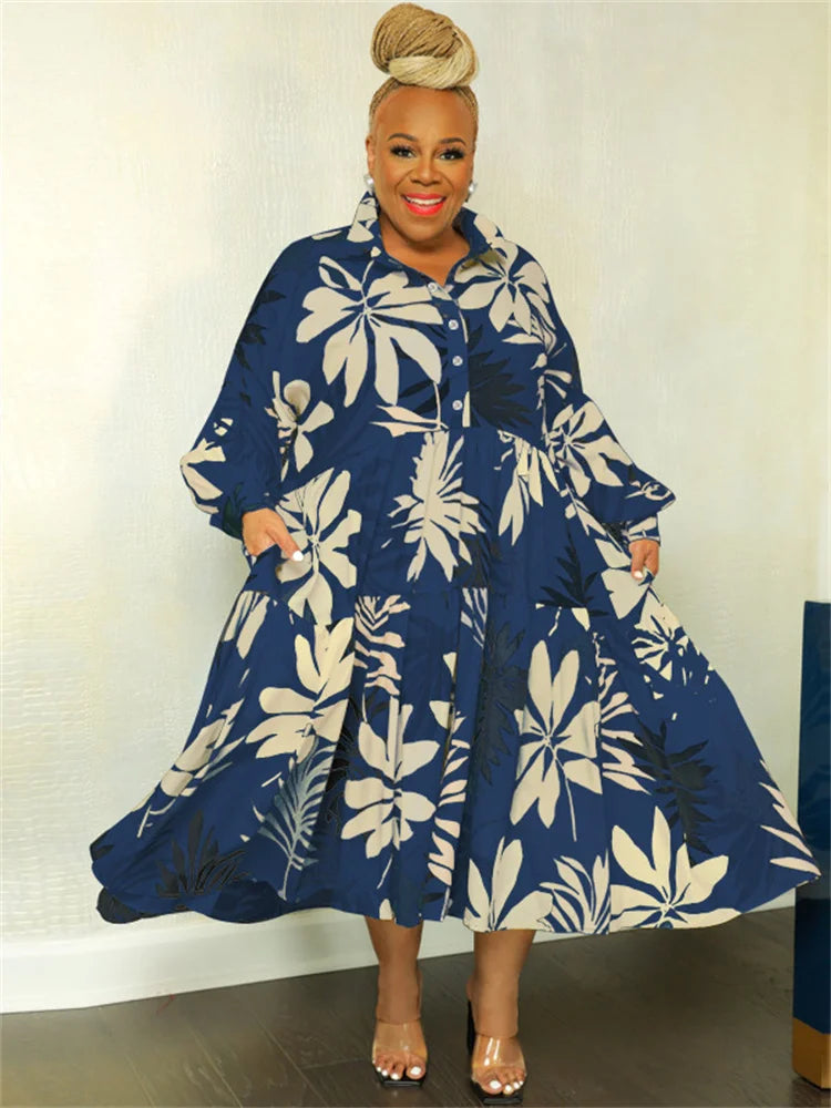 Maxy Plus Size Women Clothing Dresses Xl-5xl Flower Printed Long Sleeve Shirts Elegant Dress.