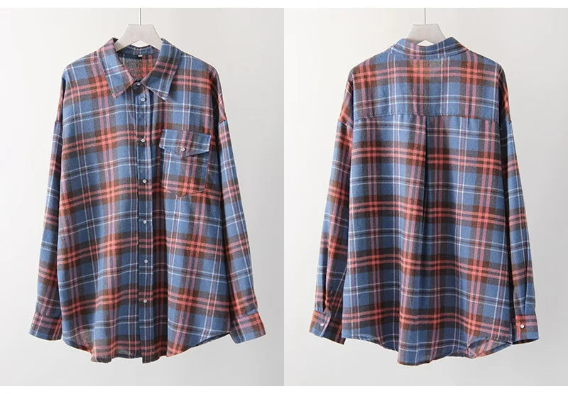Maxy Green Vintage Plaid Shirt Women Oversize Top Long Sleeves Autumn Winter Loose Women's Shirt And Blouses Oversized