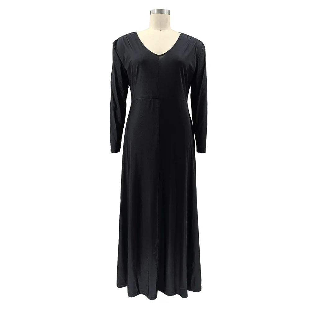 Maxy Plus Size Party Dresses Women Clothing 2024 V Neck Long Sleeve Solid Loose Elegant Maxy Dresses