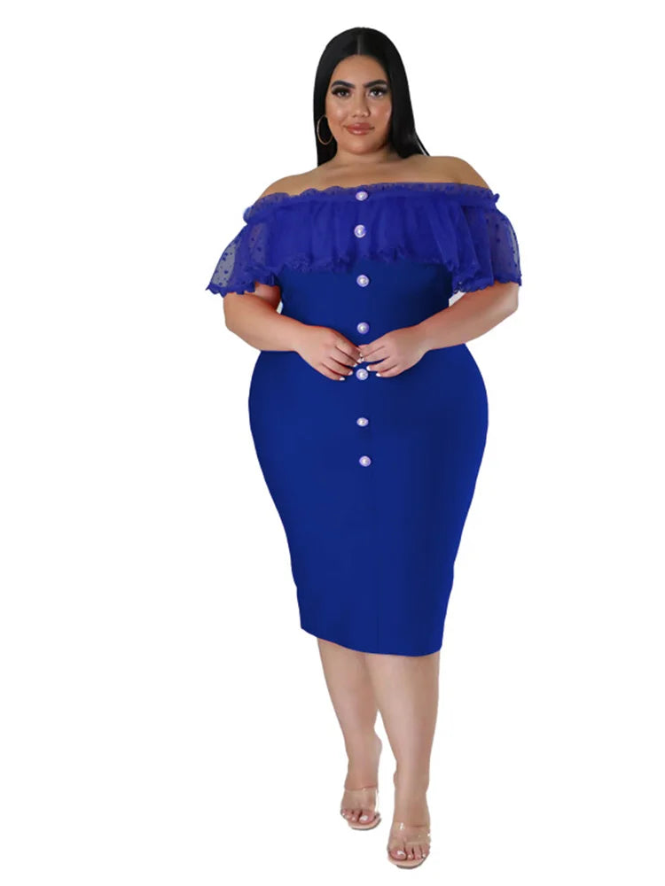 Maxy Plus Size Party Dress Women Clothing Solid Mesh Patchwork Off Shoulder Dress Fashion Outfits