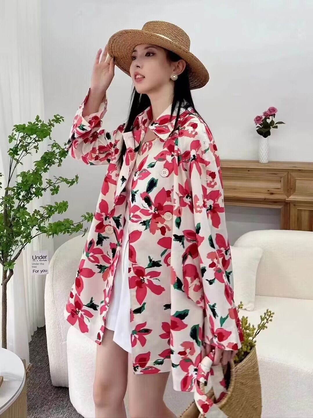 Maxy Autumn New Arrival Loose Temperament Print Belt Mid Length Long Length Trench Coat Outwear Female 5400631