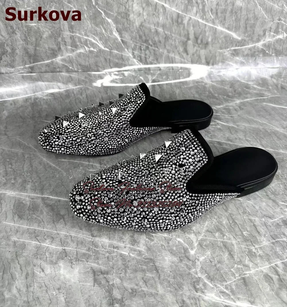 Maxy Surikova Men's Bling Silver Crystal Flat Slippers Metallic Rivets Loafers Slip-on Glittering Rhinestone Dress Shoes Mules