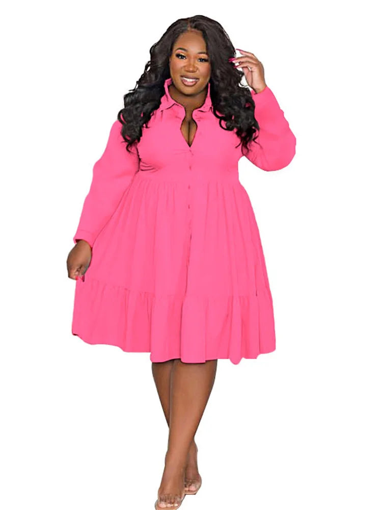 Maxy Plus Size Dresses Women Clothing Solid Long Sleeve Elegant Casual Cute Ball Gown Shirts Mini Dress