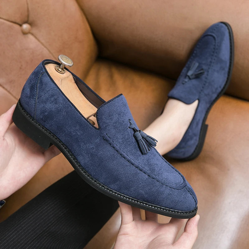 Visco Men's Loafers Brand Suede Leather Shoes Vintage Slip-on Classic Casual Men Driving Shoes Wedding Male Dress Shoes Tassel pointed