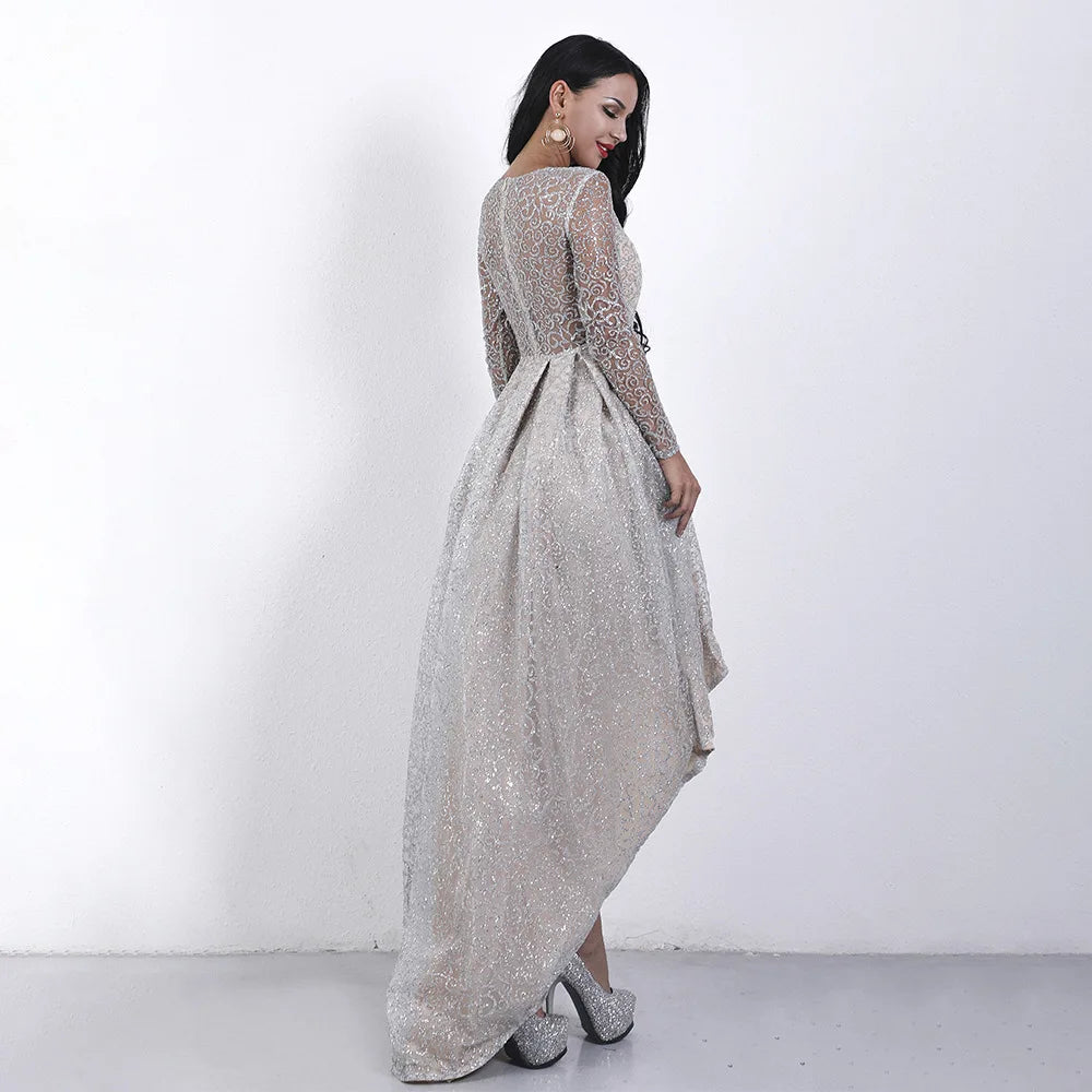 Macy Gorgeous Elegant Perspective Long Sleeve Crewneck Lace Sequins Party Dinner Wedding Lady Small Tail Dress