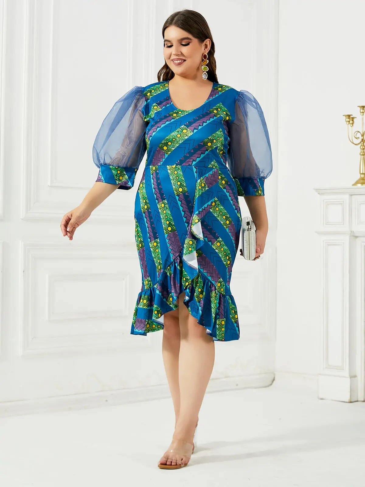Maxy Plus Size New Fashion Women OL Commute Dress Half Puff Sleeve Printing Lace Patchwork V-neck Irregular Oversize Lady Dress 2024