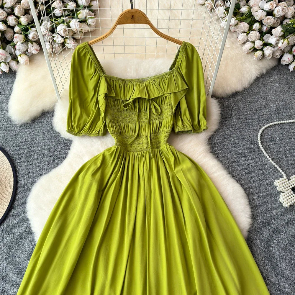Babs Chic Elegant Square Collar Macy Dress Women Solid Short Puff Sleeve Dresses 2024 Korean Fashion Vintage Ruffle Vestidos