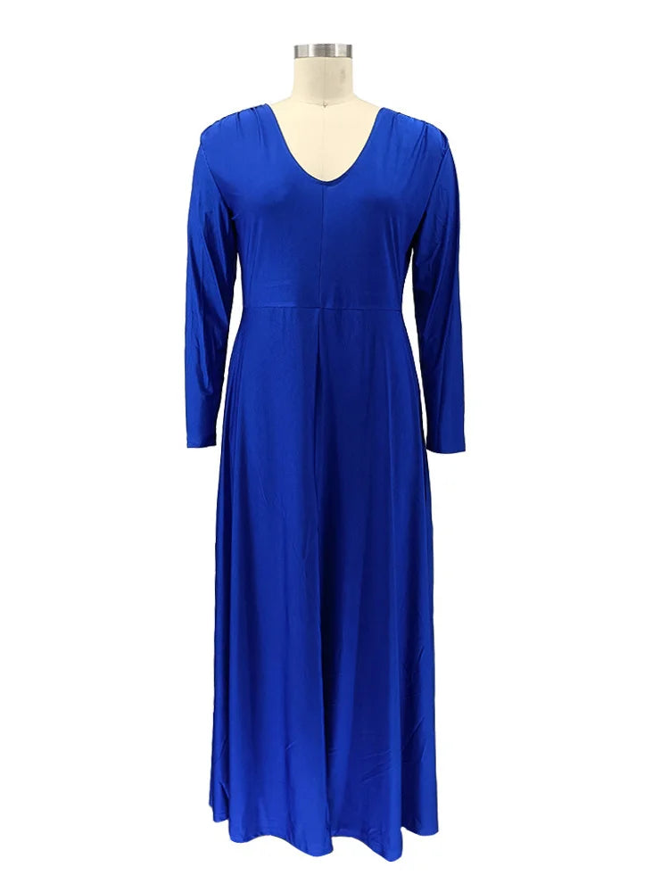 Maxy Plus Size Party Dresses Women Clothing 2024 V Neck Long Sleeve Solid Loose Elegant Maxy Dresses