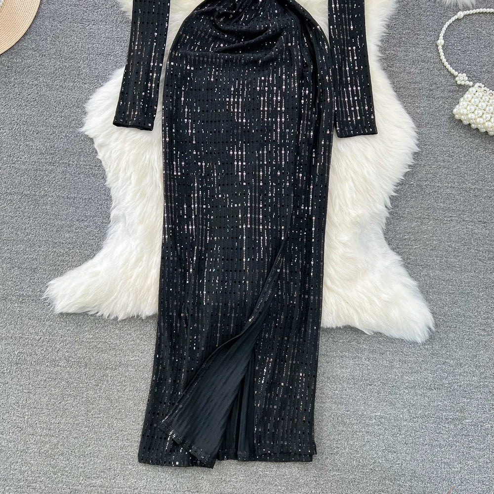 Babs Elegant Chic Y2K Women's Dress Long-sleeve V-neck Split Sequins Patchwork Hip Warp Dresses Autumn Winter