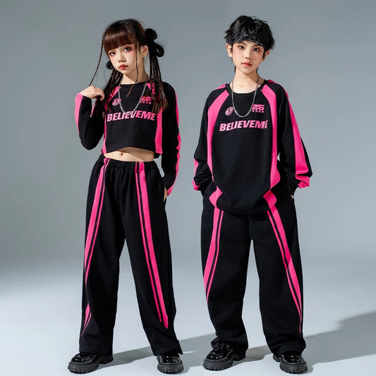 Maxy Hip Hop Dance Clothes Girls Crop Tops Sweatpants Boys Long Sleeves T Shirt Teen Kids Performance Costume Kpop Outfits BL12188