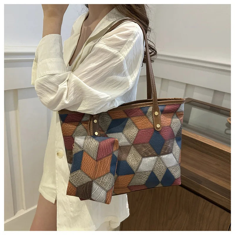 Maxy Vintage Patchwork PU Leather Casual Tote Bags For Women, Large Capacity Shoulder Bag Ladies Handbags And Purses