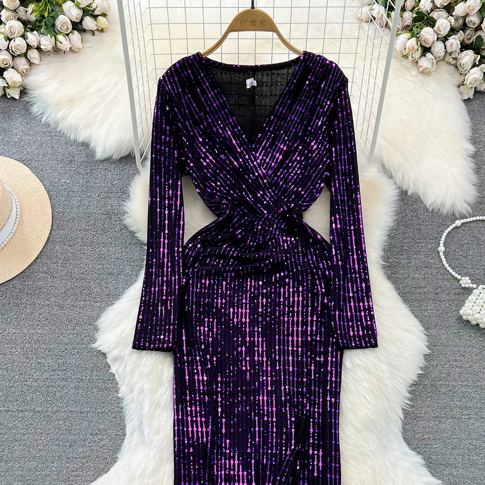 Babs Elegant Chic Y2K Women's Dress Long-sleeve V-neck Split Sequins Patchwork Hip Warp Dresses Autumn Winter