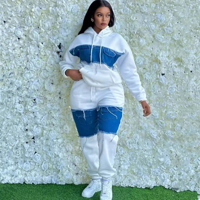 Maxy Fashion 2 Piece Women Set Thick Warm Long Sleeve Denim Patchwork Top And Pants Suit Streetwear