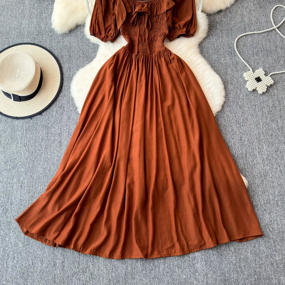 Babs Chic Elegant Square Collar Macy Dress Women Solid Short Puff Sleeve Dresses 2024 Korean Fashion Vintage Ruffle Vestidos