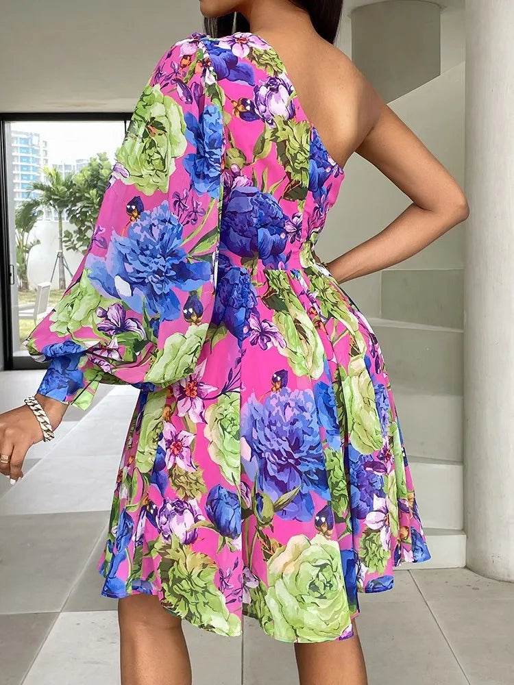 Maxy New Boho Print Women Dress Spring Fashion Sexy Off Shoulder Office Elegnat Casual Dresses Female Sweet Party Dress Robe Femme