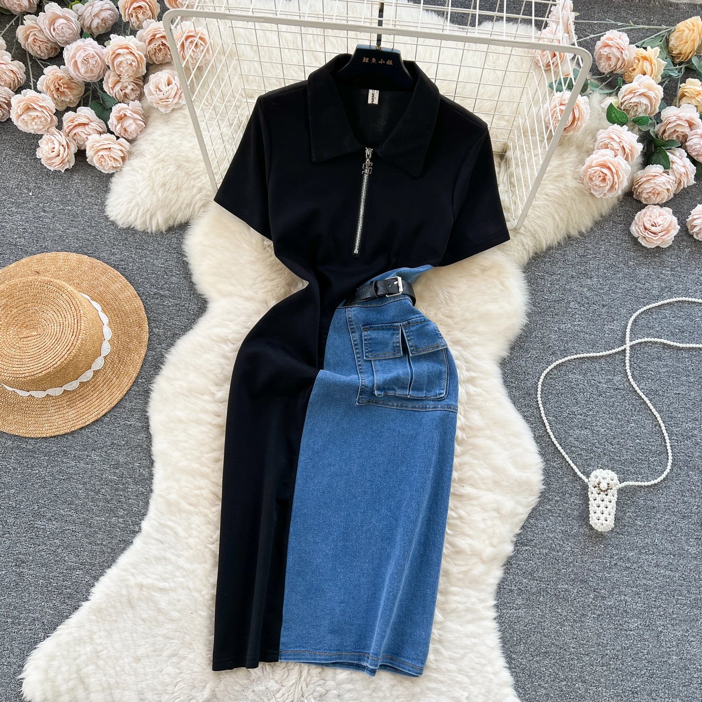 Babs Korean Chic Denim Dress Women Retro Patchwork Slim Medium Length Short Sleeved Casual Dresses Ladies Streetwear Short Dress