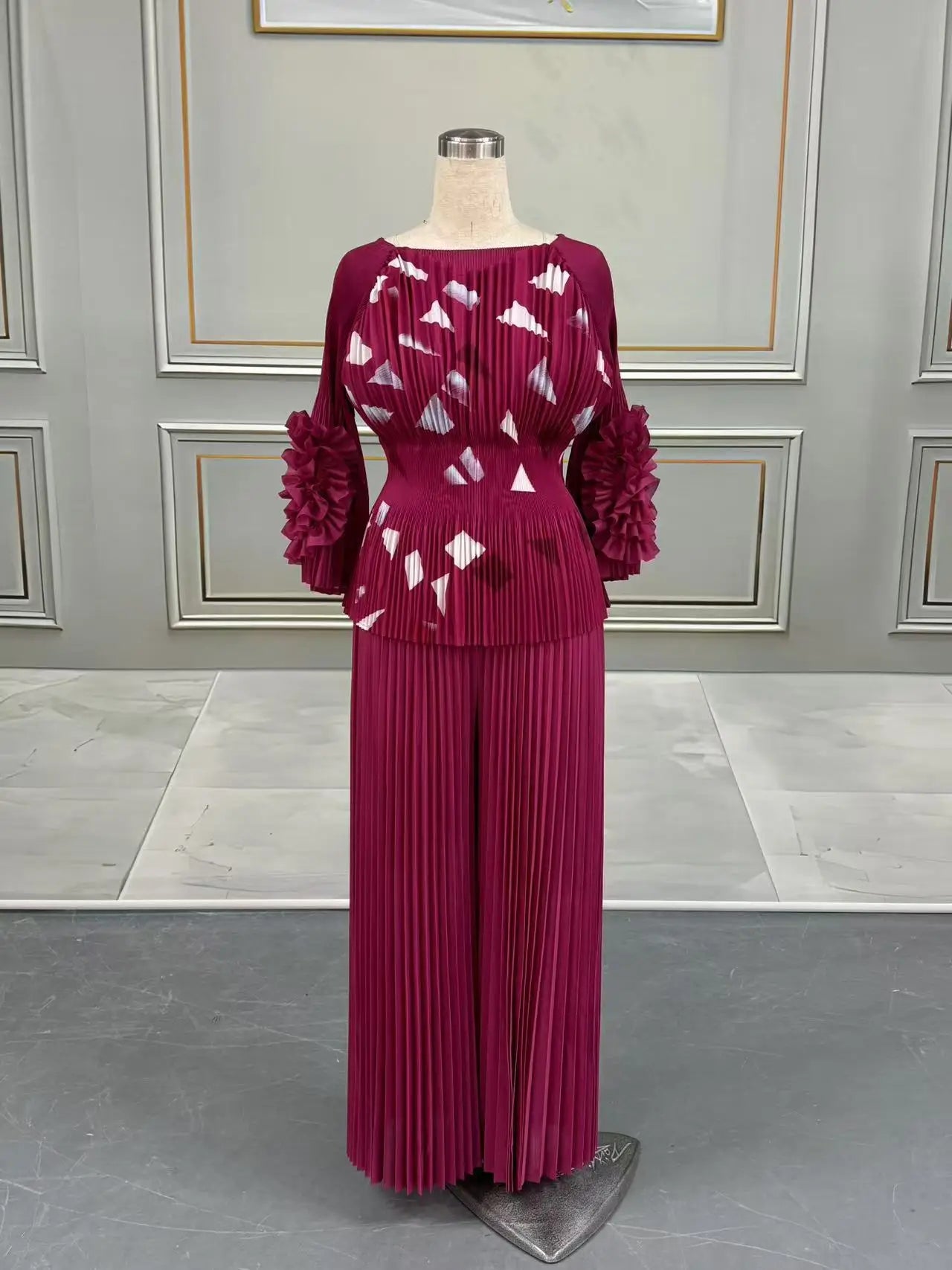 Maxy Pleated Print Pants Set Women O-Neck 3D Flowers T Shirt + Wide Leg Trousers Loose New 2025 Female Two Piece Sets
