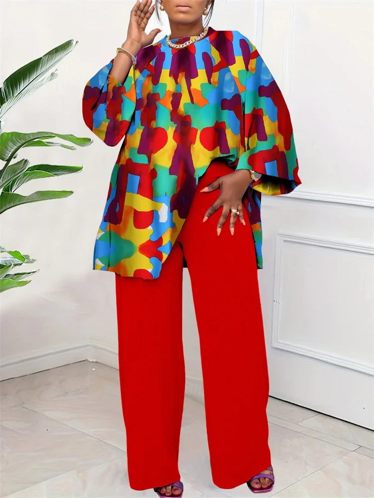 Maxy Plus Size Two Piece Sets Women Clothing Printed Long Sleeve Tops Solid Pants Wid Leg Matching Suits.