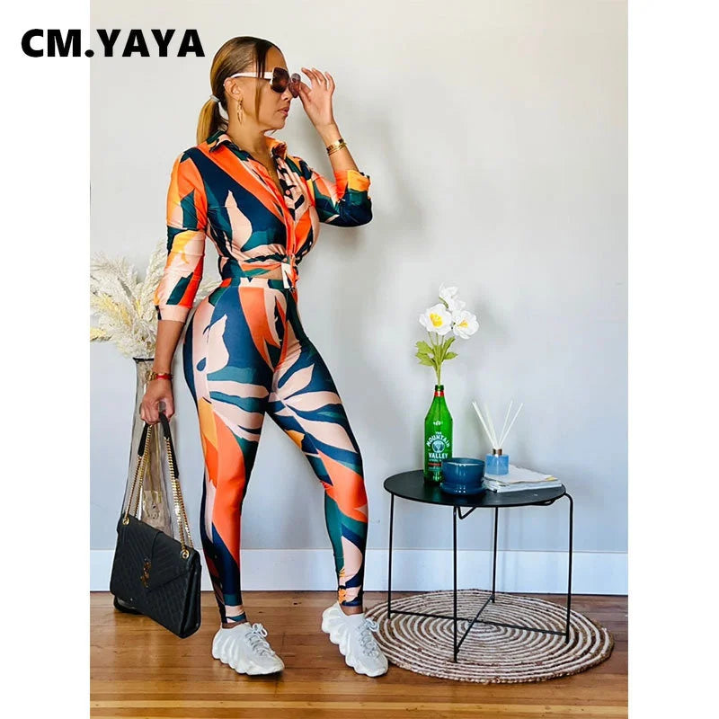 Maxy Streetwear Leaf Printed Women Legging Pants Suit and Long Sleeve Shirt Fashion Casual Two 2 Piece Set Outfits Tracksuit