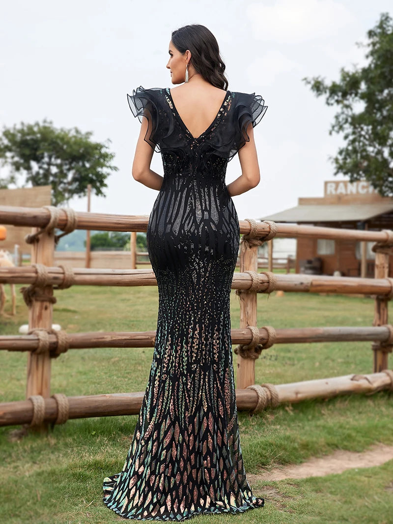New Gracy Summer Women Sexy Deep V Neck Backless Ruffle Elegant Sequined Evening Gown Party Cocktail Wedding Long Mermaid dresses
