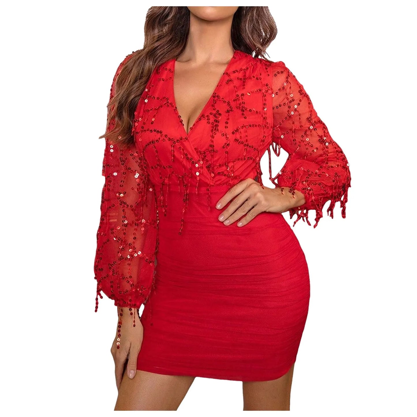 Babs Sexy Evening Dress For Women See Through Sequin Women Elegant Mesh Long Sleeve Party Dress Bodycon Club Birthday Dress