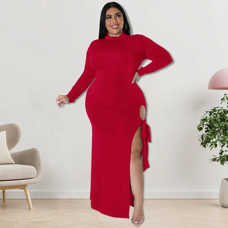 Maxy Plus Size Fall Clothing Women Long Sleeve Fashion High Slit Split Sexy Hollow Out Long Maxy Dress