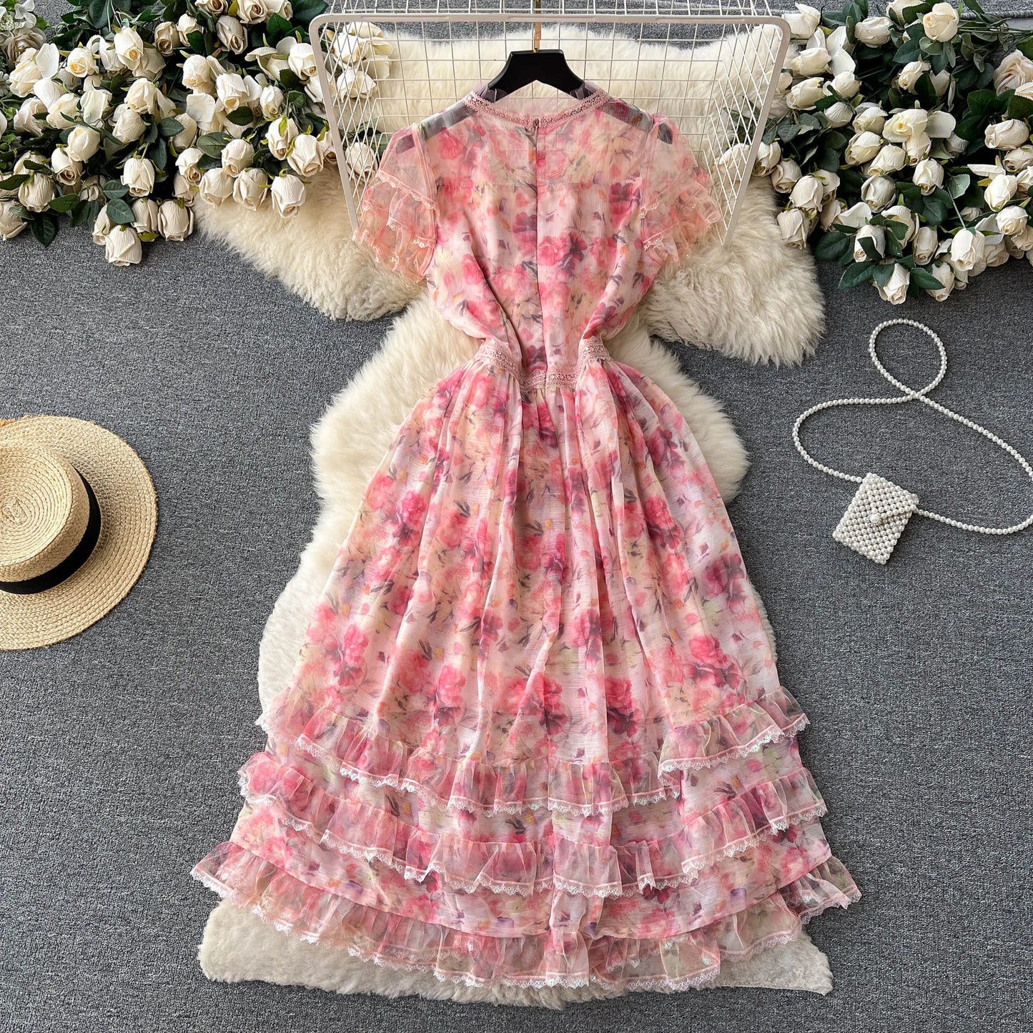 Summer Mesh Printed Dress Women Elegant Ruffle Edge Vintage High Waist Pink Party Dresses Ladies Slim A-line Floral Long Robe