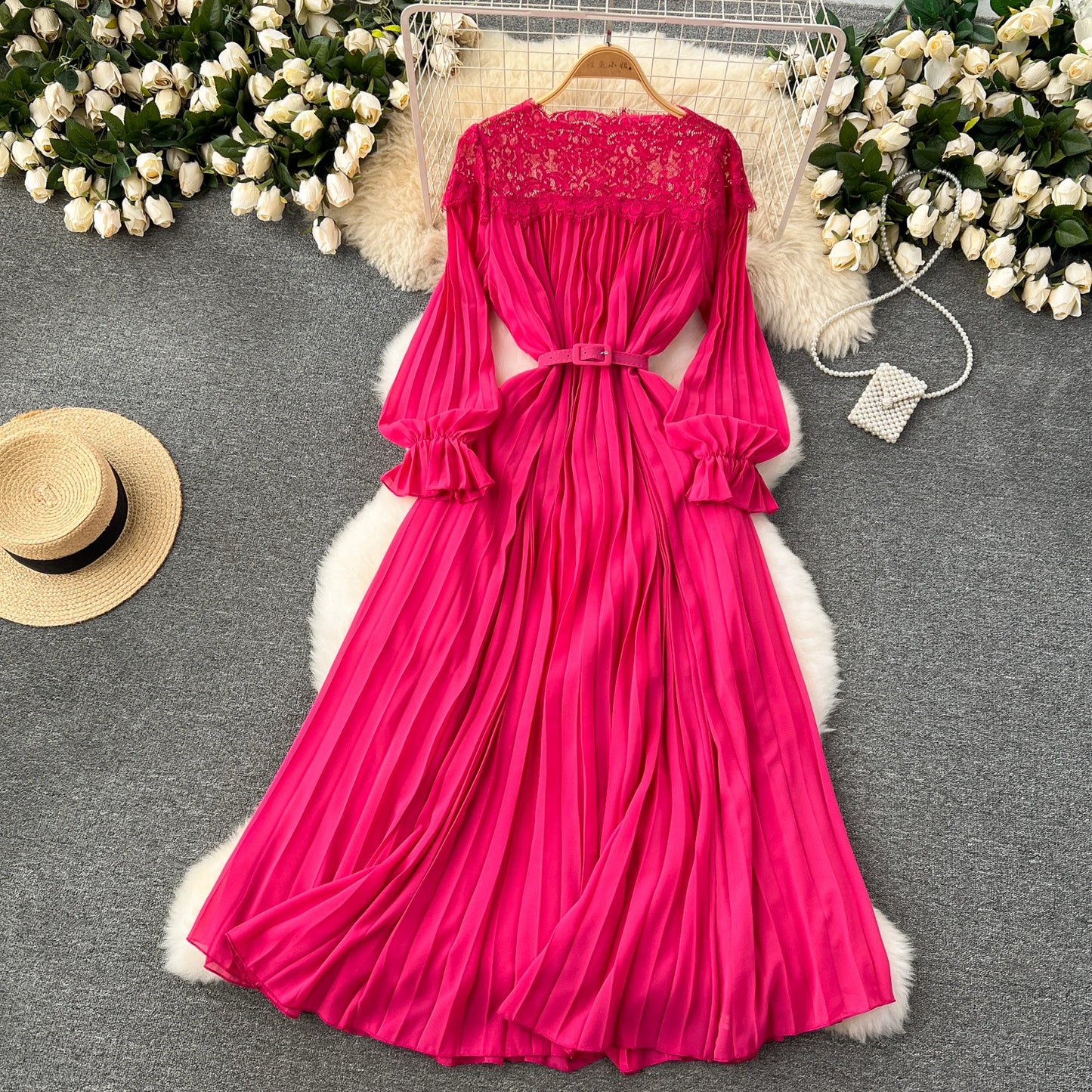 Spring Summer Women Hollow Out Lace Patchwork Pleated Long Dress Vintage Red/Blue/Purple Draped Maxi Vestidos Female Robe New