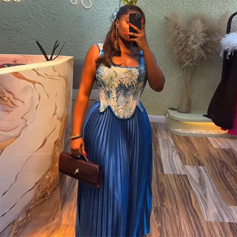Maxy CM.YAYA Women's Set Floral Print Waist-cinching Vest +Pleated Long Skirts Suit 2025 Party Evening Street Two 2 Piece Set Outfit