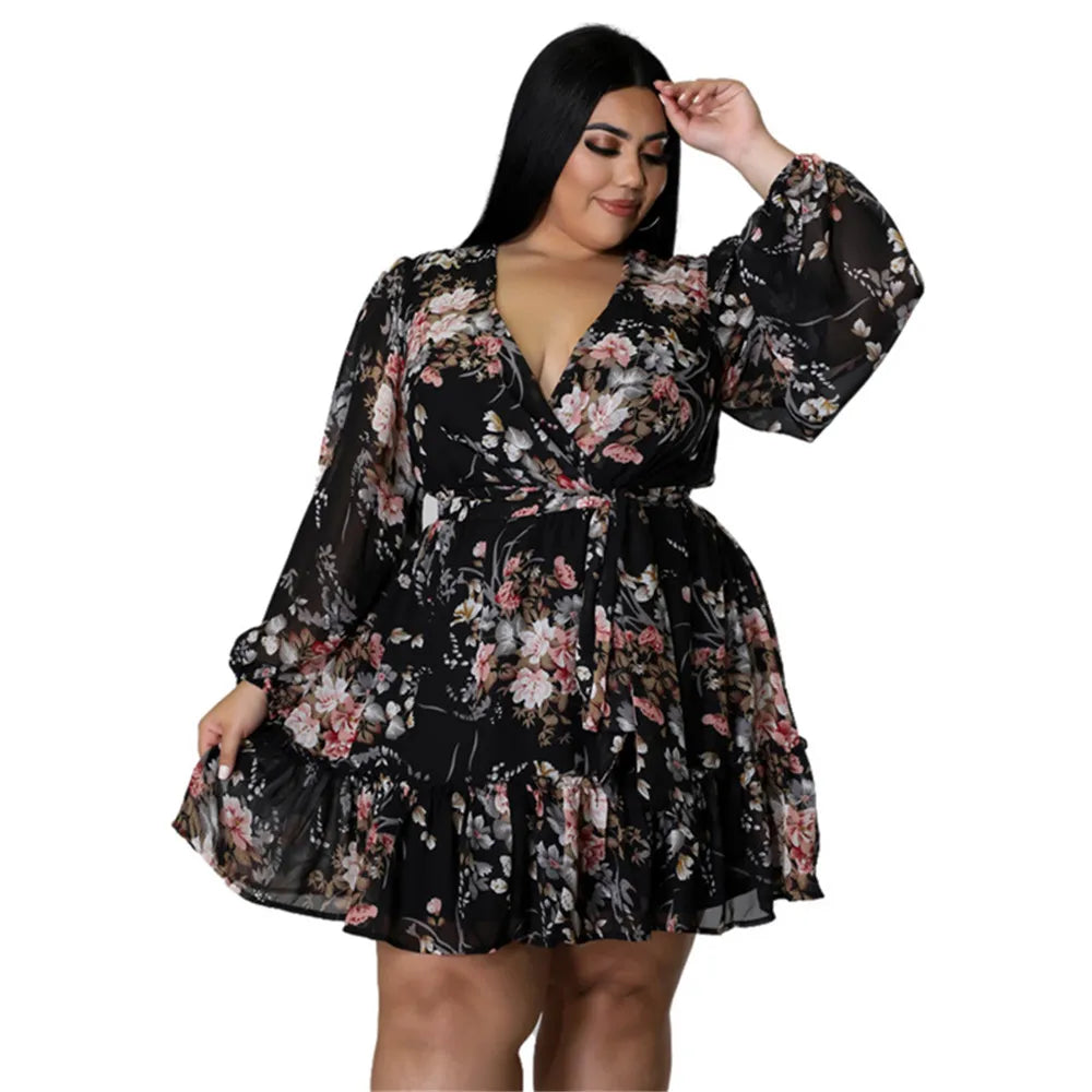 Maxy Dresses Women Plus Size 5xl Sexy Party Flower Print Mini Dress Loose Elegant Casual Outfits