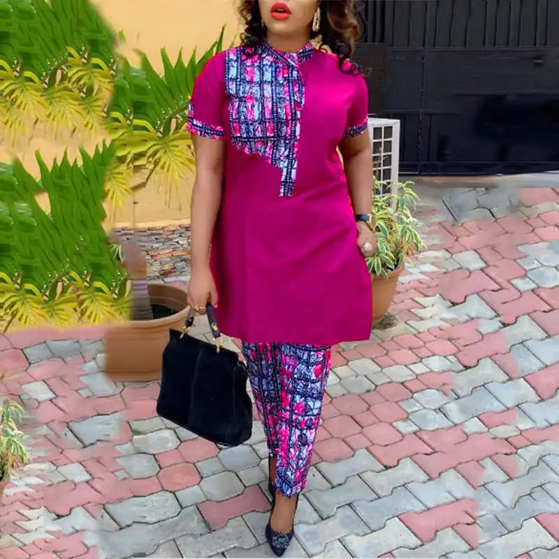 Maxy Women Office Pant Sets Summer Printed Suits Vintage Stand Collar Short Sleeve Tops and Long Pants Casual Loose Sets