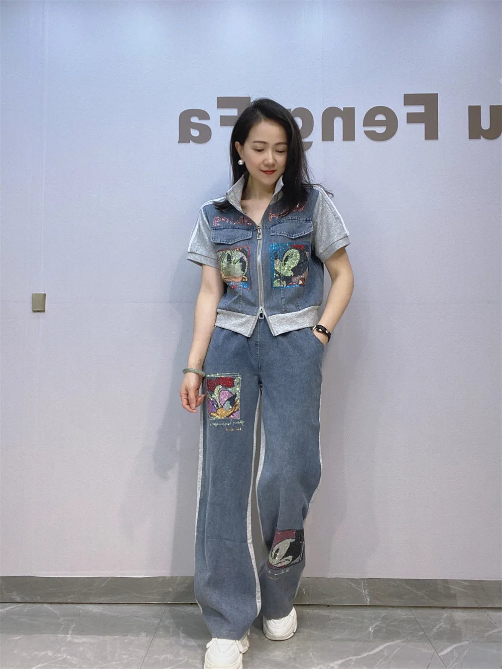 Maxy Short Zipper Cardigan and Pant Two-piece Sets Women Summer Fashion Sportswear Short Sleeve Top Long Pants Hot Diamond Denim Suit