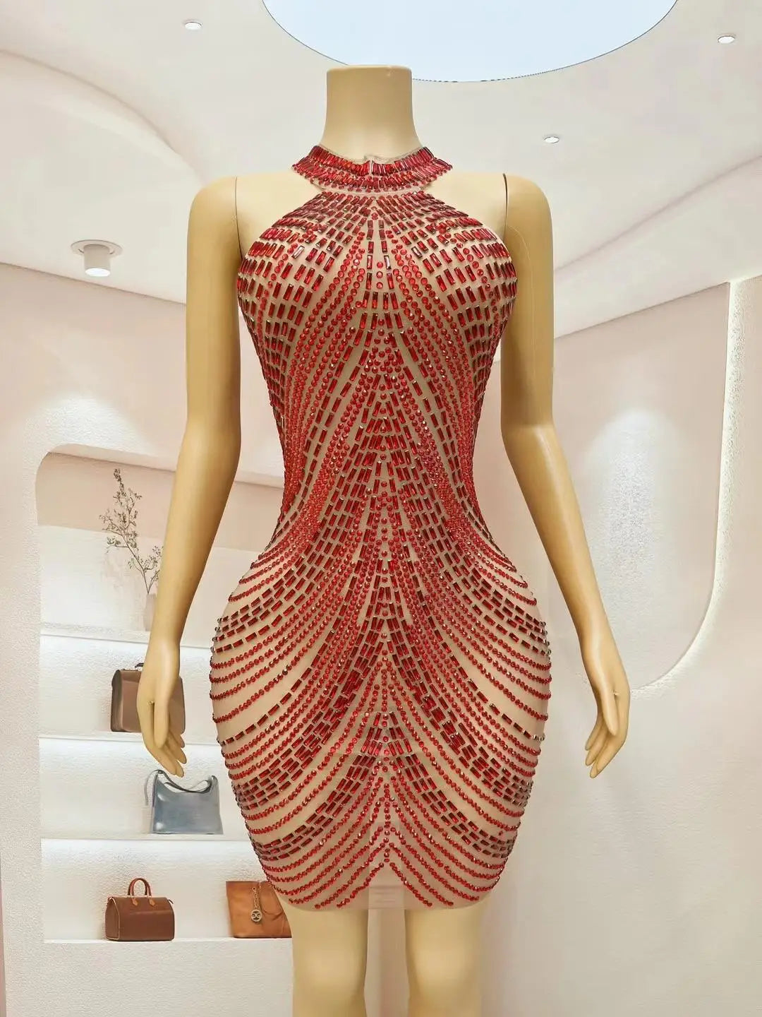 Babs Glitter Short Party Dress Sexy Clothing Women Red Rhinestone Elegant Dress Nightclub Platy drsss