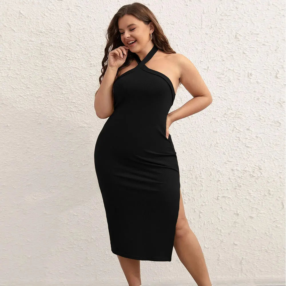 Babs Plus Size Summer Sleeveless Dress Women Sexy Slim Bodycon Backless Fashion Ladies Dresses Split Pleated Woman Midi Dress